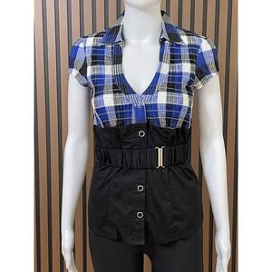 Heart Soul Women's S Blue Shirt Y2k Babydoll Belt Vintage Plaid Button Top Vneck